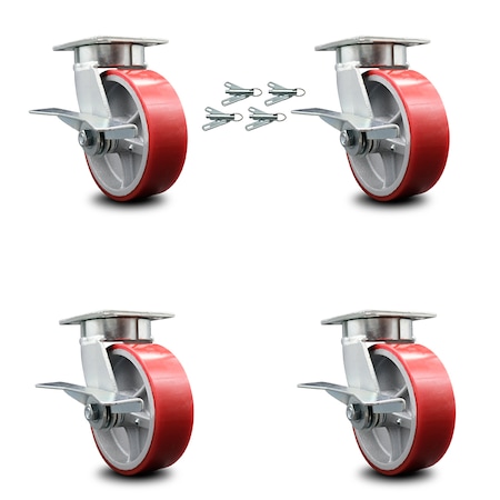 Service Caster 6 Inch Kingpinless Red Poly on Steel Wheel Caster Set Brake and Swivel Lock SCC-KP30S620-PUR-RS-SLB-BSL-4